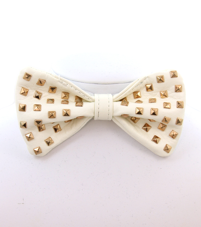 White Leather Spike Stretch Bowtie